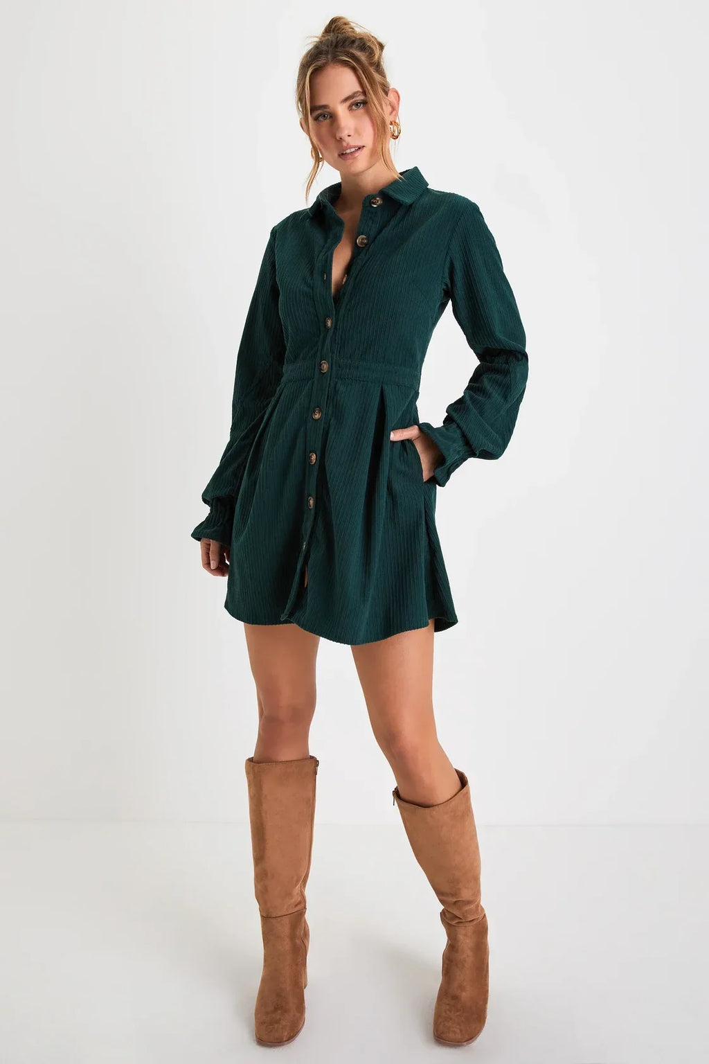 Autumn Mood Dark Brown Corduroy Mini Dress With Pockets