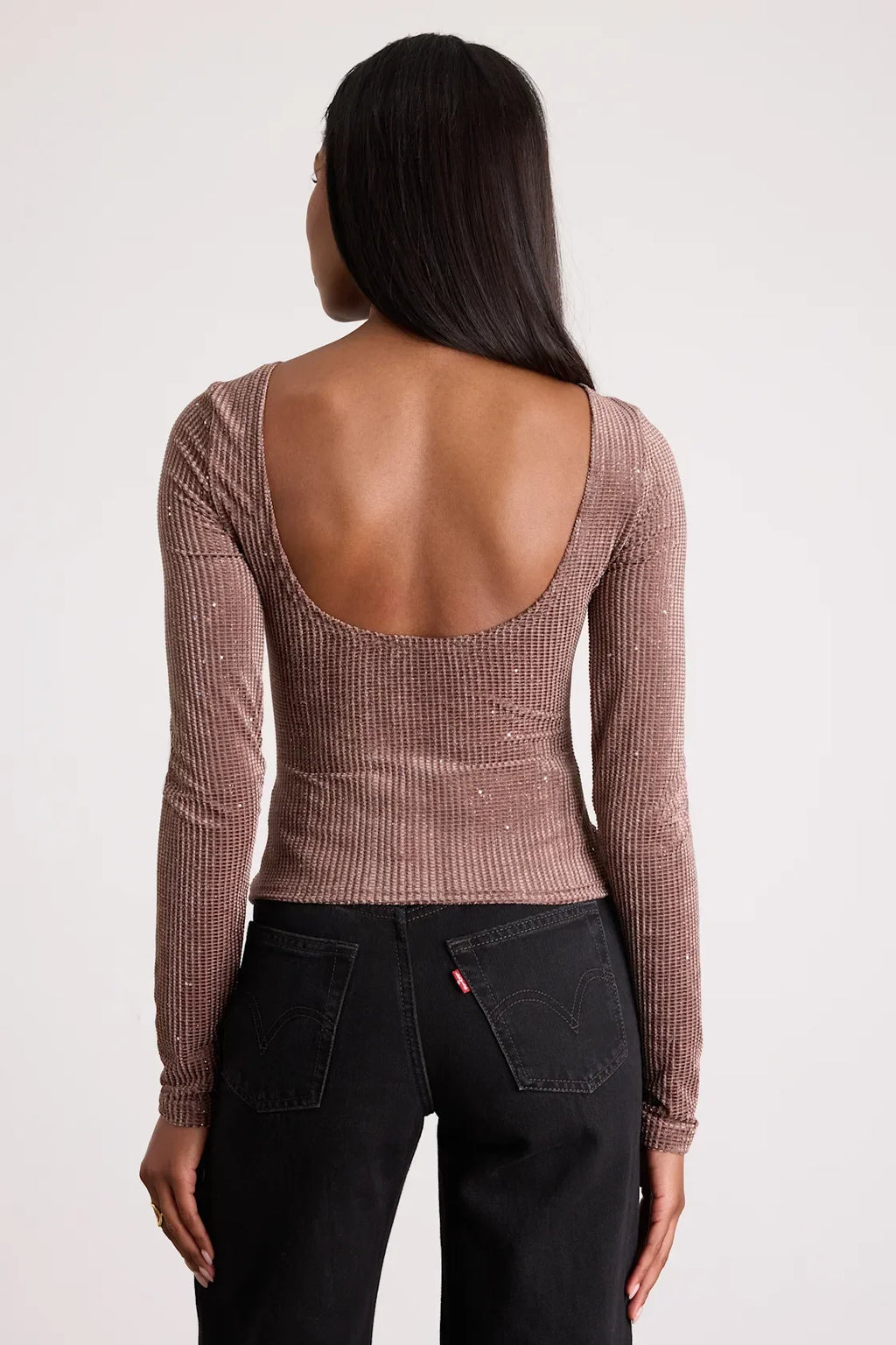 Gina Olive Green Shiny Velvet Long Sleeve Top