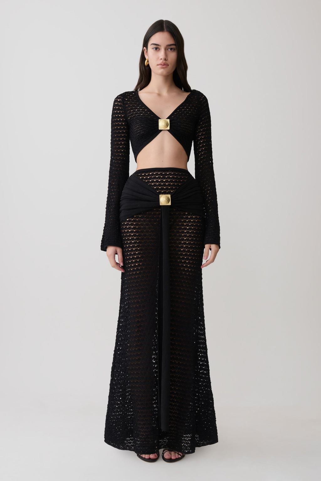 Mania Crochet Long Sleeve Cropped Top - Black
