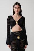 Mania Crochet Long Sleeve Cropped Top - Black