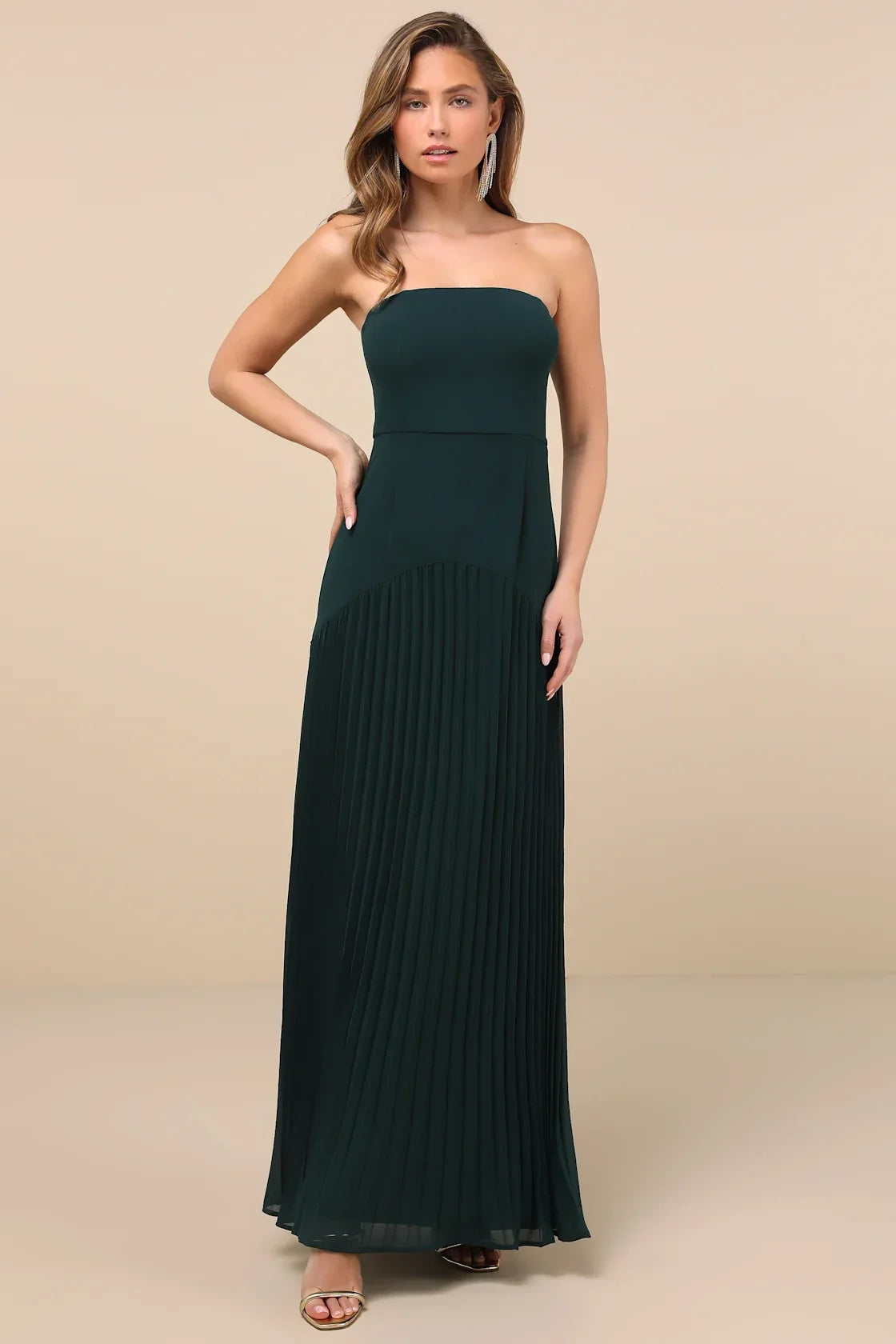 Celebratory Aesthetic Blush Pink Pleated Strapless Maxi Dress