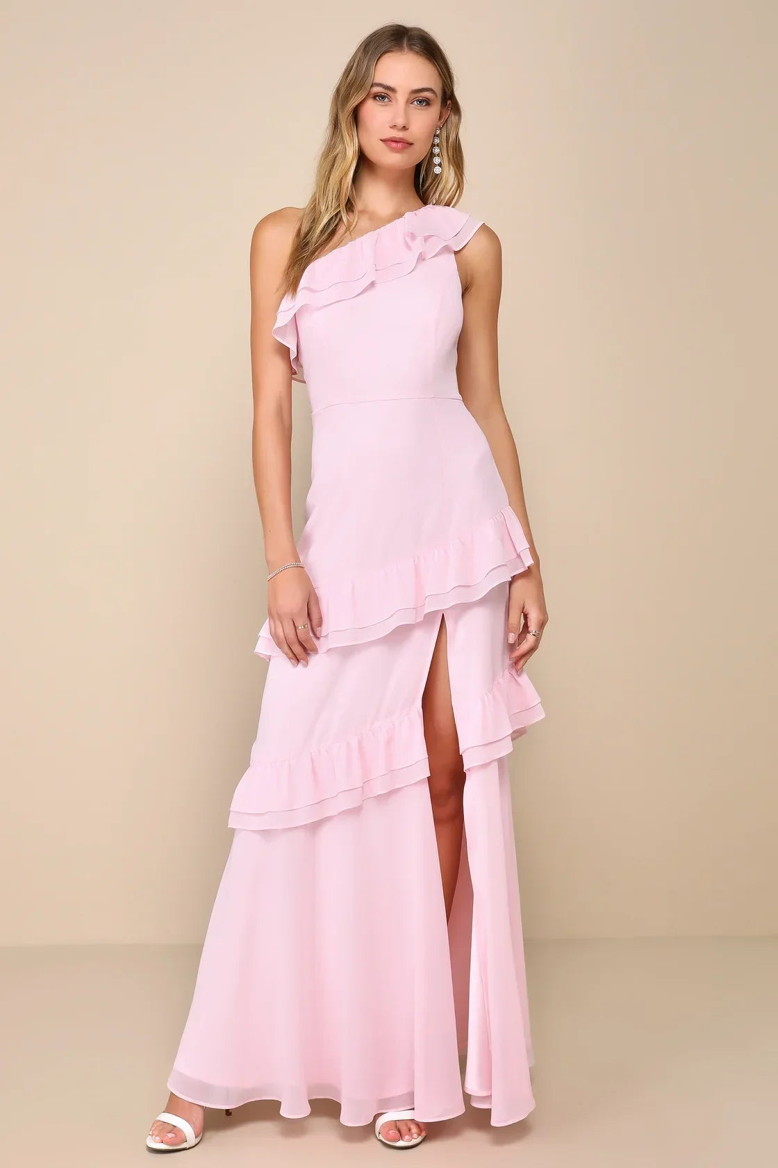 Brilliant Grace Light Pink Ruffled One-Shoulder Maxi Dress