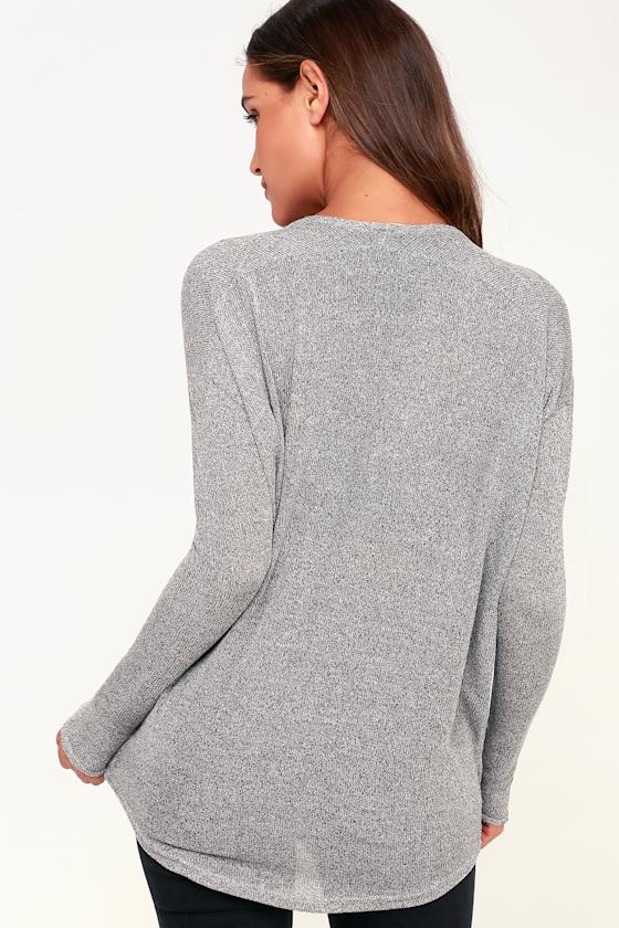 Bevin Heather Grey Knit Long Sleeve V-Neck Sweater Top