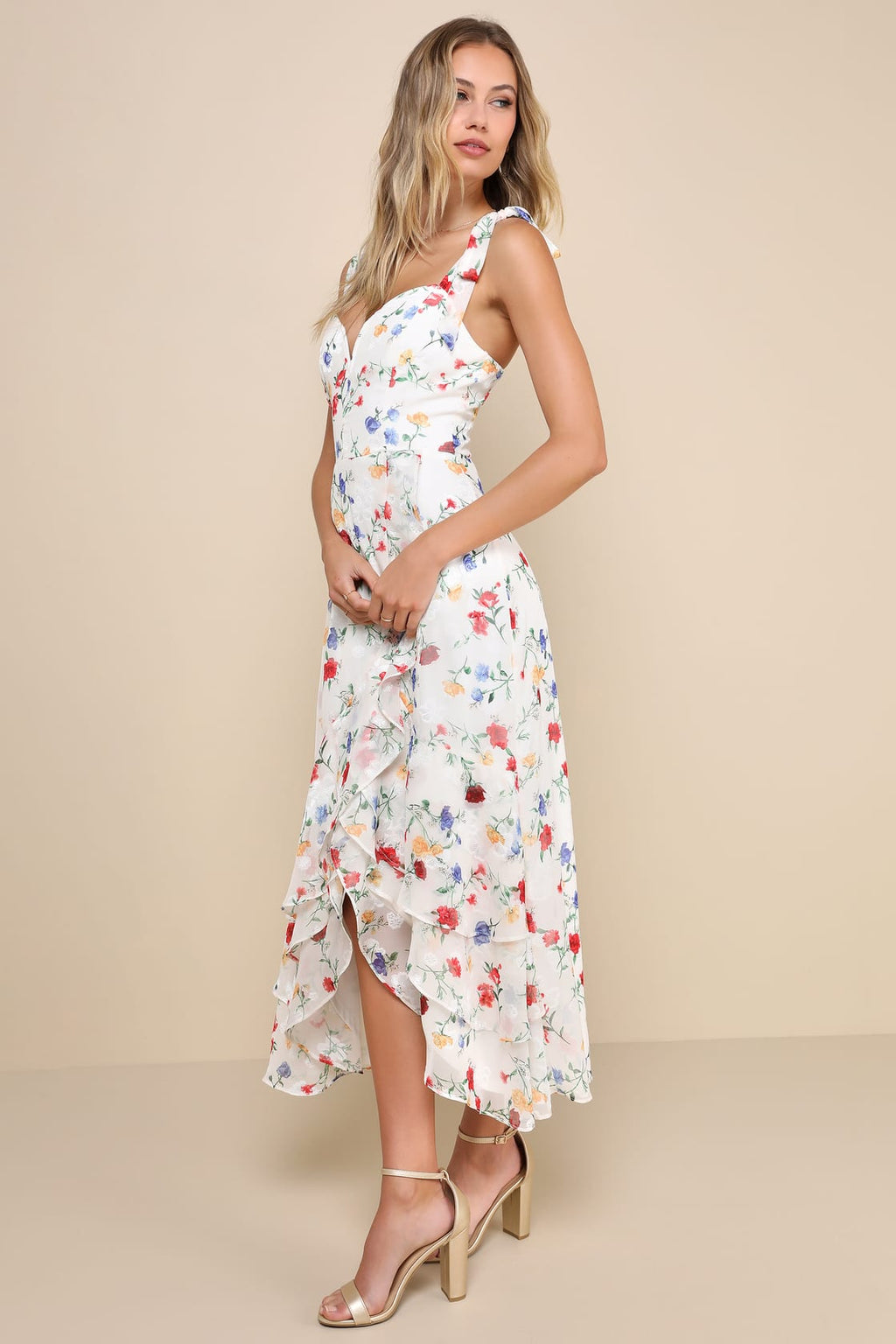 So Elevated Red Floral Jacquard Tie-Strap High-Low Midi Dress