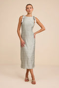 Nuala Sage Green Pleated Sleeveless Bow Midi Dress