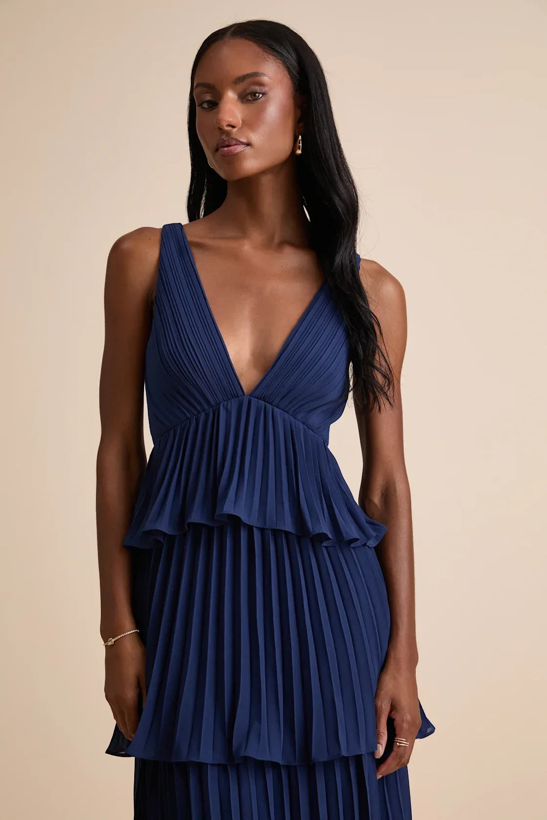 Mesmerizing Essence Navy Pleated Backless Tiered Maxi Dress