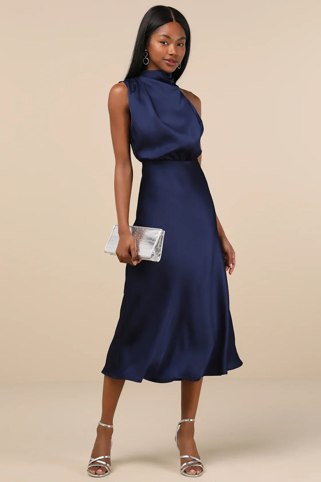 Distinctive Charm Red Orange Satin Asymmetrical Midi Dress