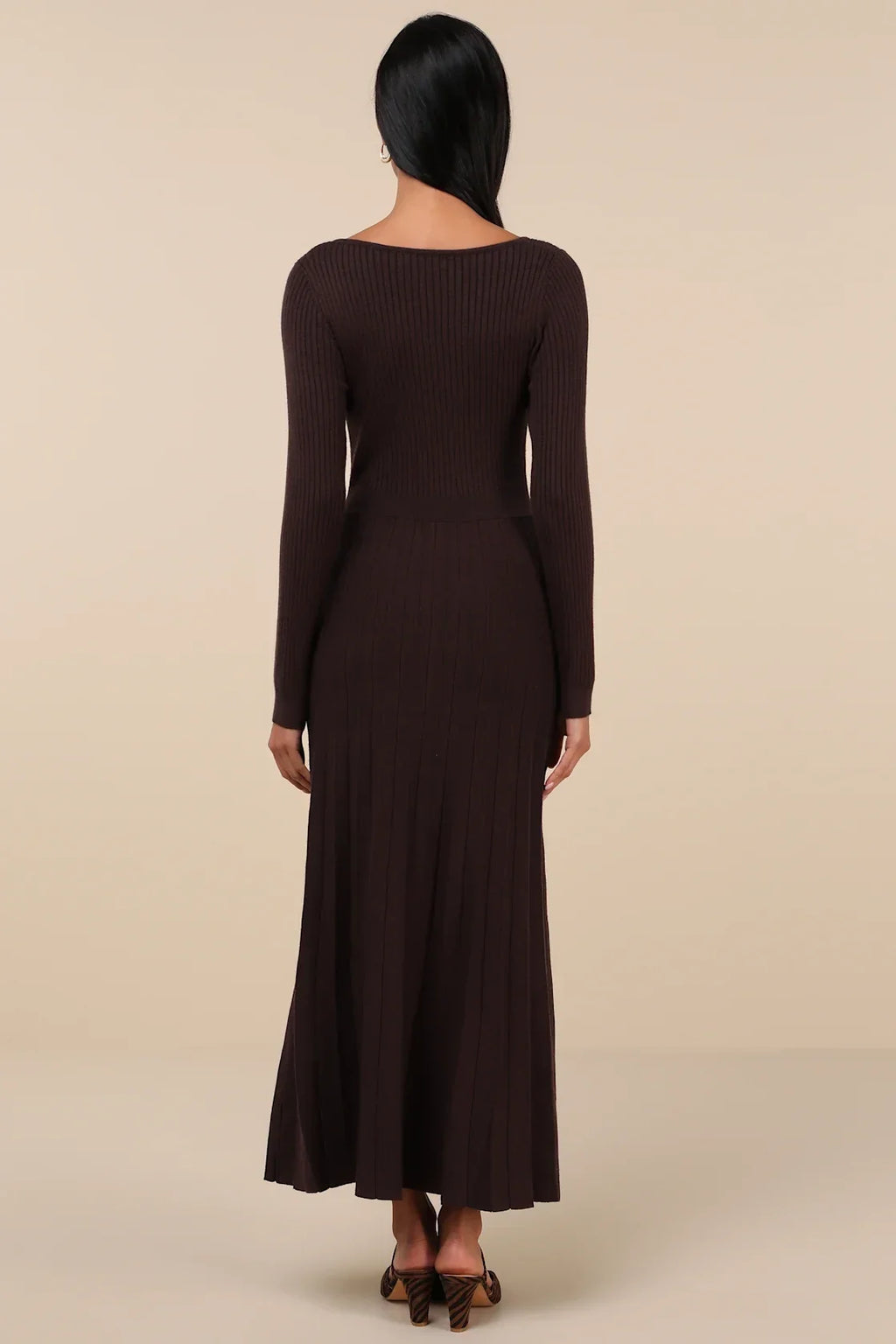 Snuggly Precision Brown Pleated Sweater Midi Dress