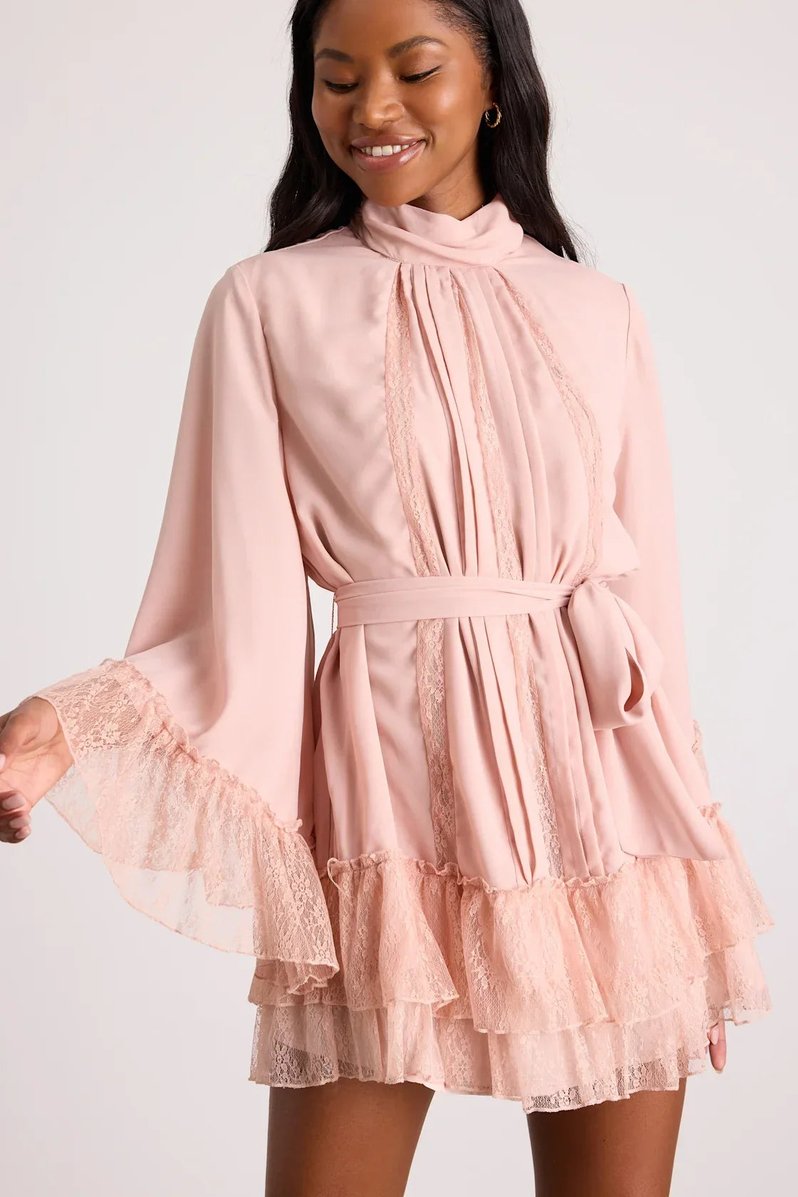 Sidonie Blush Pink Lace Bell Sleeve Mini Dress