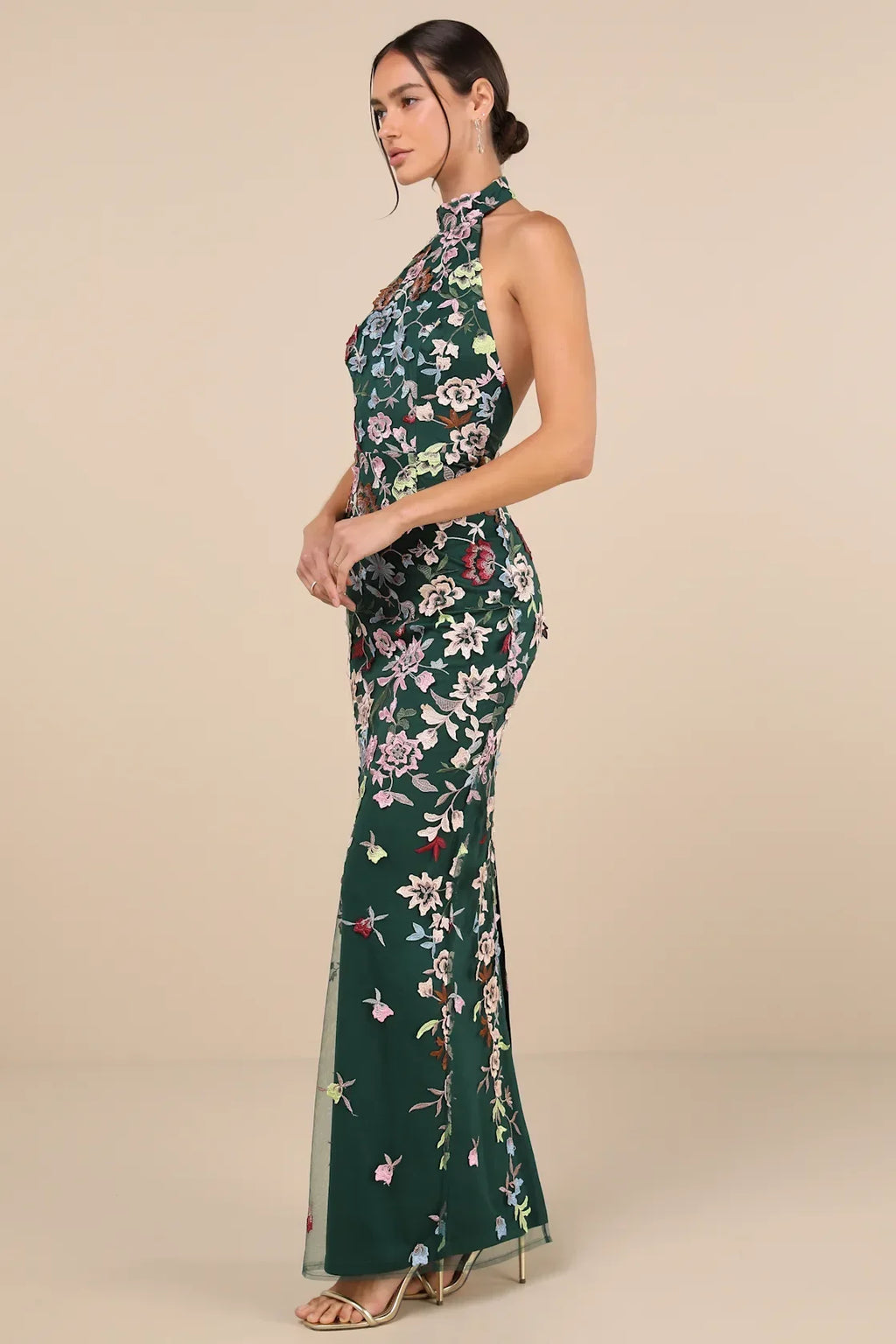 Infinite Praise Black 3D Floral Embroidered Halter Maxi Dress