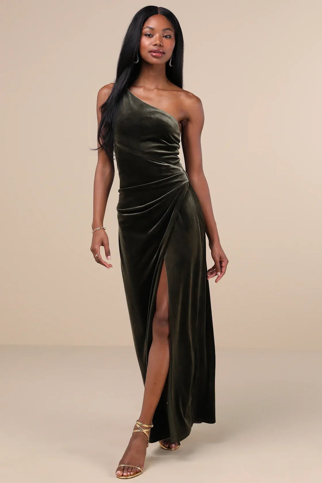 Elegant Era Olive Green Velvet One-Shoulder Maxi Dress