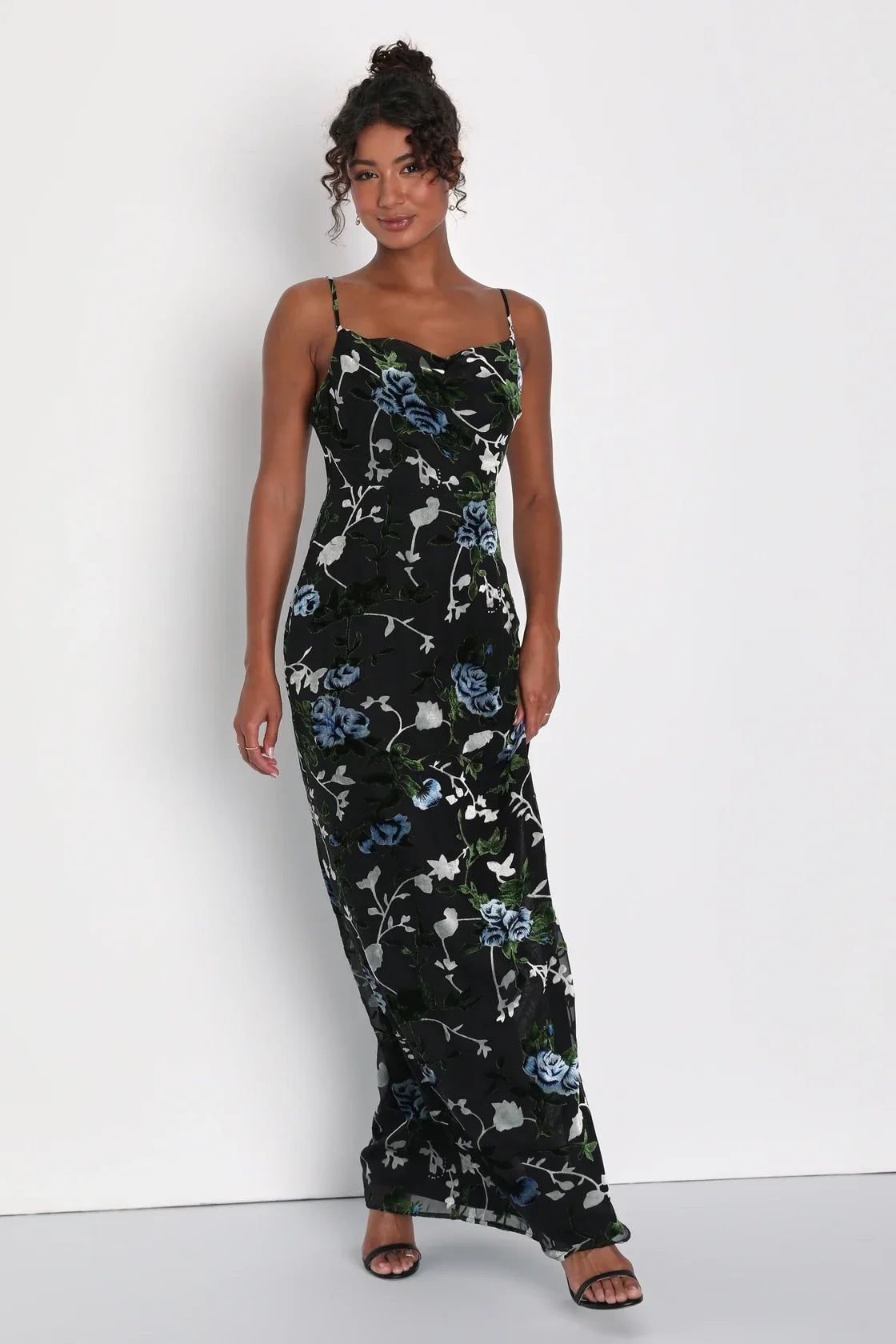 Chic Romantic Black Burnout Velvet Floral Cowl Neck Dress