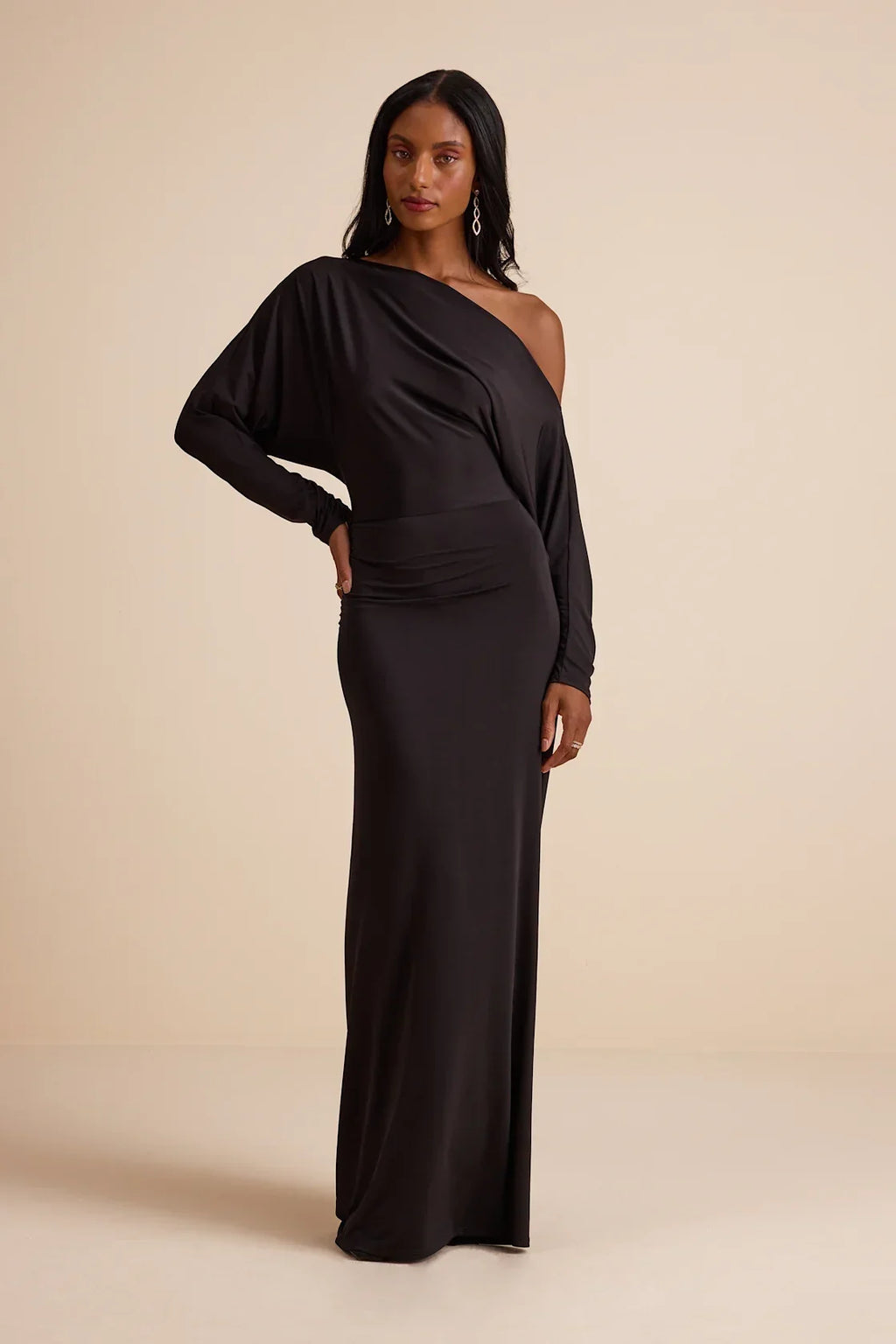 Valani Charcoal Jersey Knit Asymmetrical Long Sleeve Maxi Dress