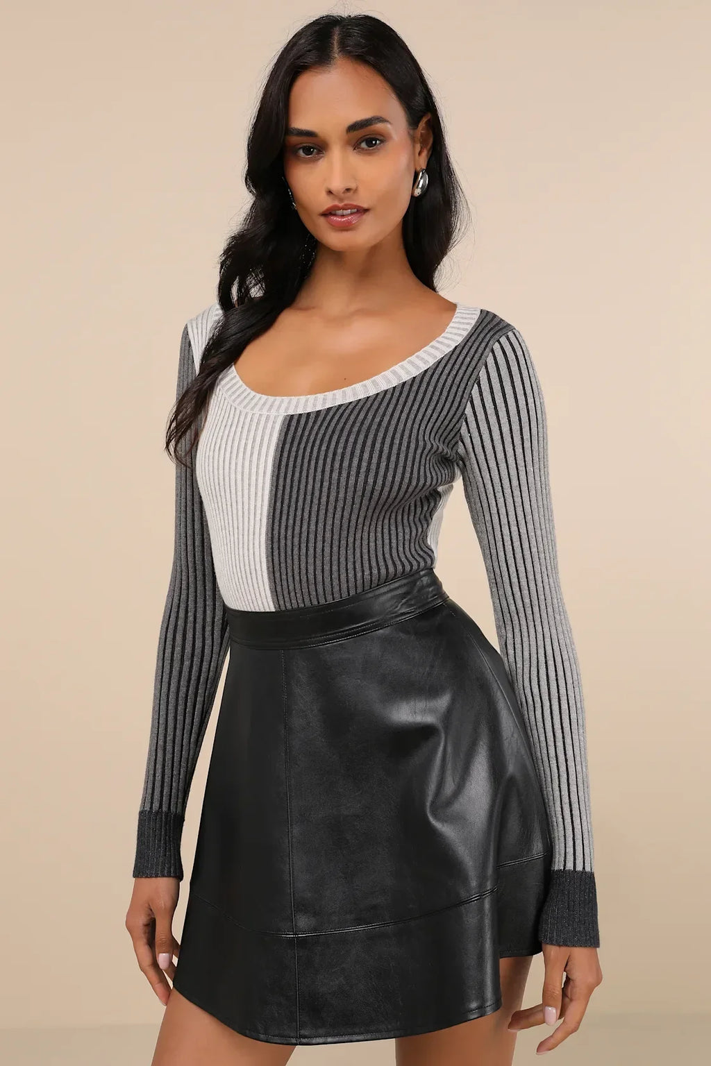Mod Cutie Burgundy Color Block Ribbed Long Sleeve Bodysuit