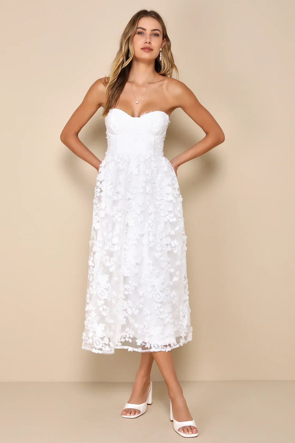 Quite Perfect White Floral Embroidered Strapless Midi Dress