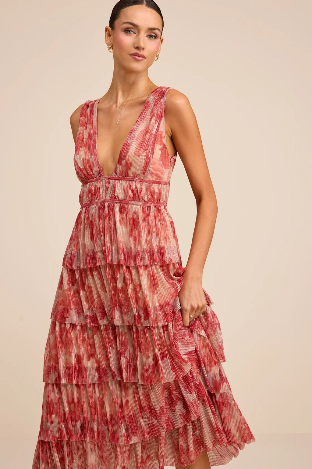 Valentia Magenta Plisse Sleeveless Tiered Midi Dress