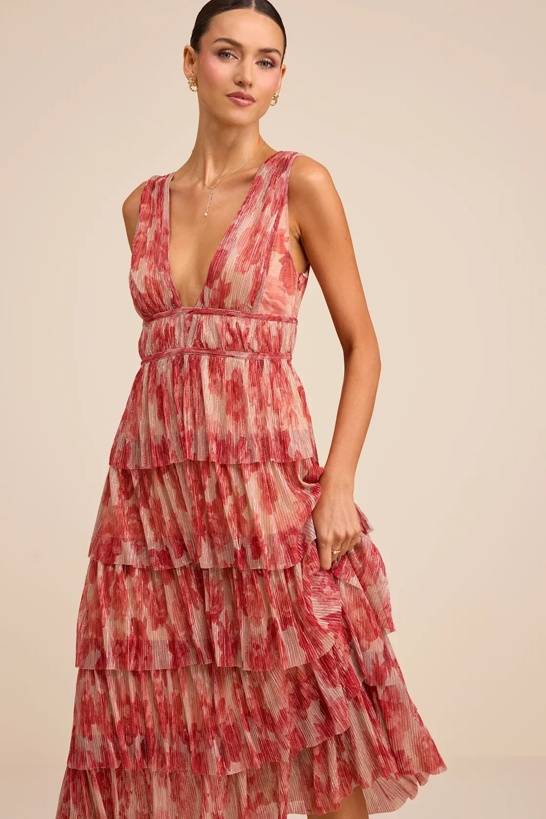 Valentia Magenta Plisse Sleeveless Tiered Midi Dress