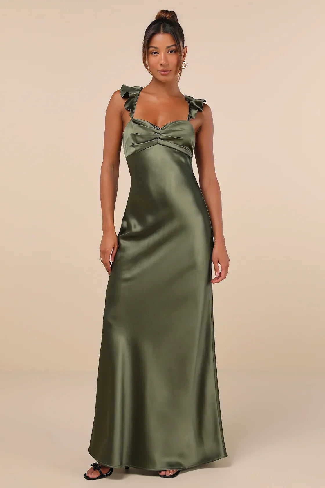 Exuberant Luxury Rust Satin Ruffled Lace-Up Maxi Dress