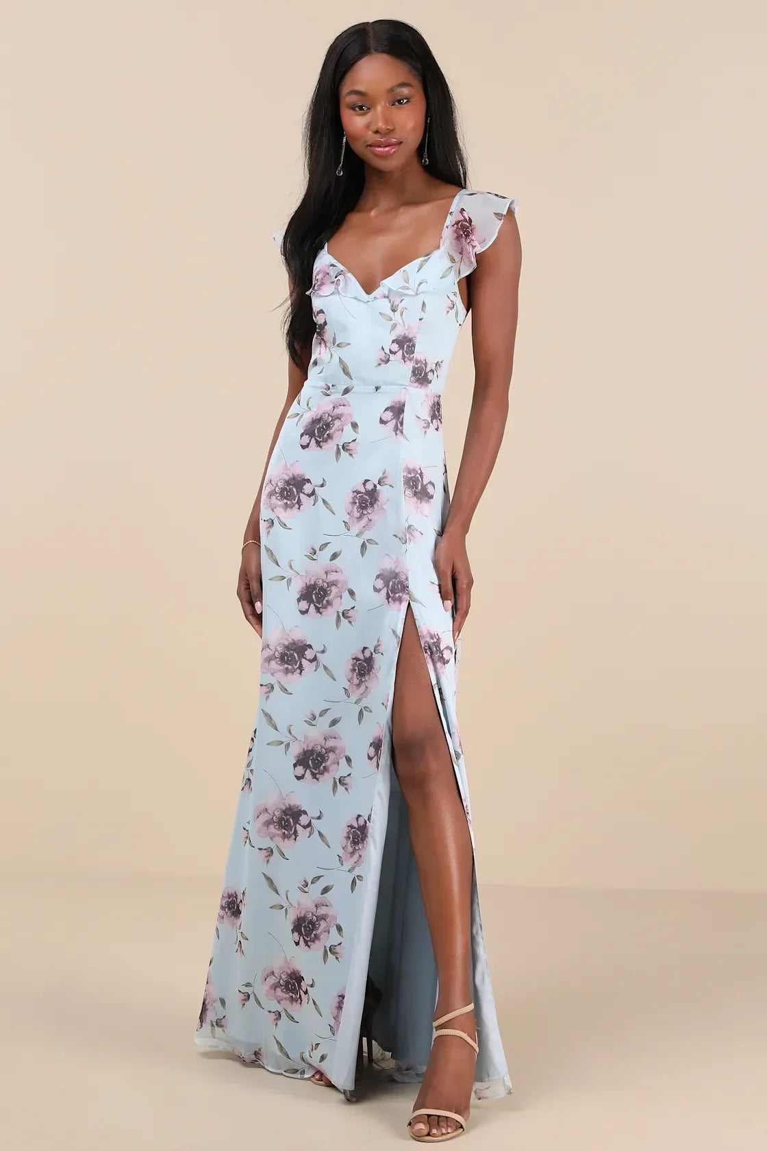 Sweetest Entrance Light Blue Floral Ruffled Tie-Back Maxi Dress