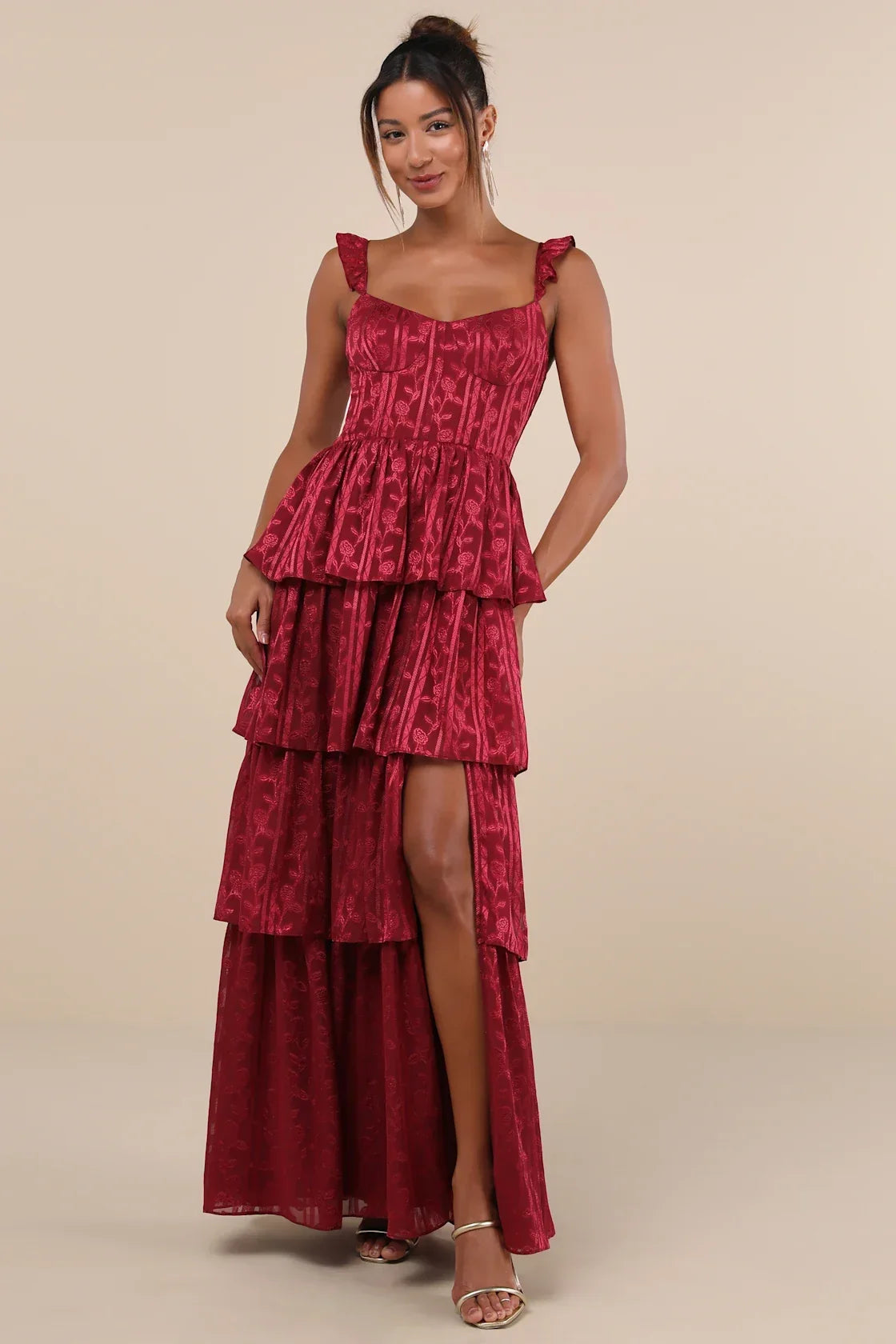 Stunning Glory Navy Blue Floral Jacquard Tiered Maxi Dress