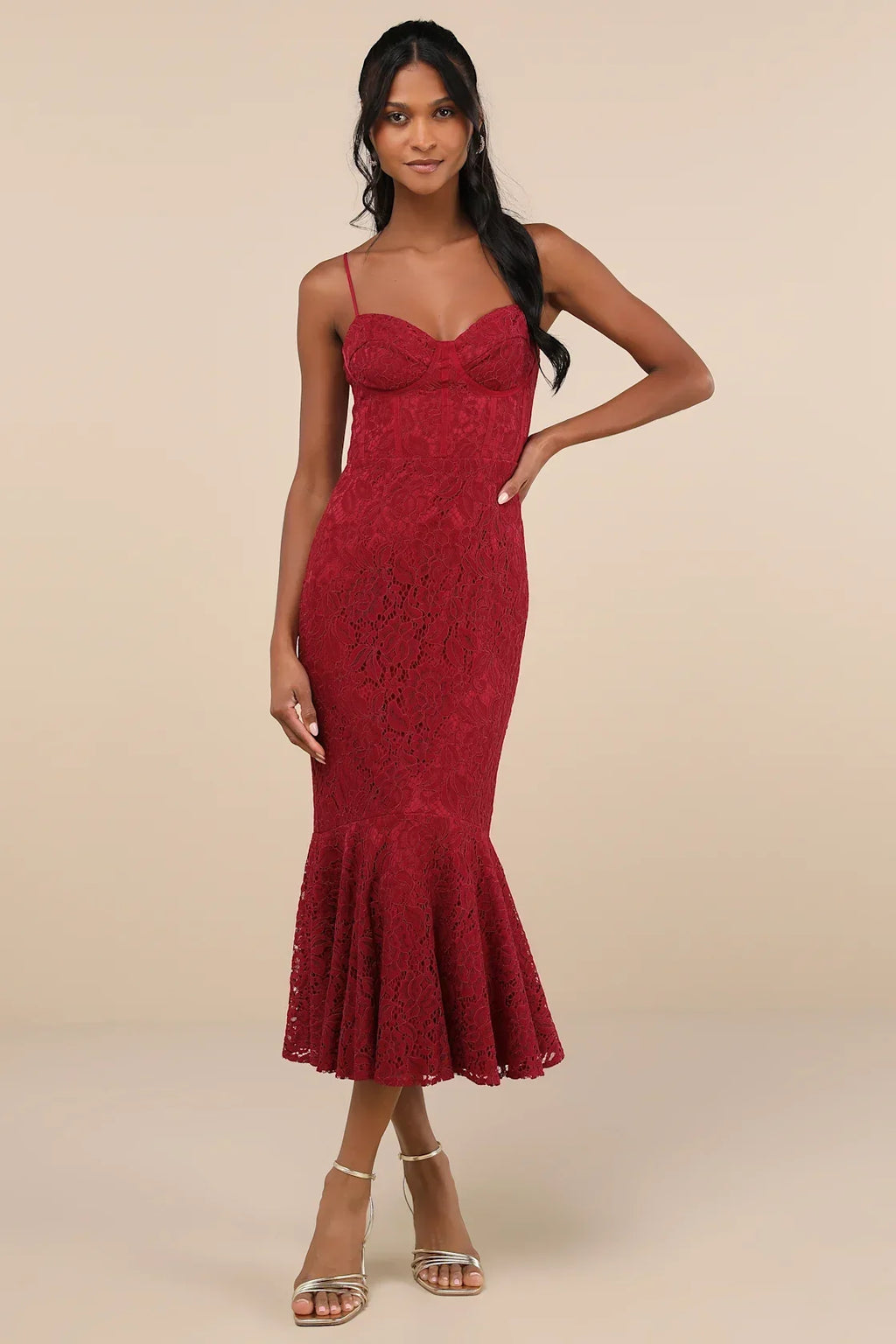 Found Your Love Wine Red Lace Sleeveless Trumpet Midi Dress