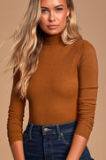 Wilde Rust Orange Ribbed Long Sleeve Mock Neck Bodysuit