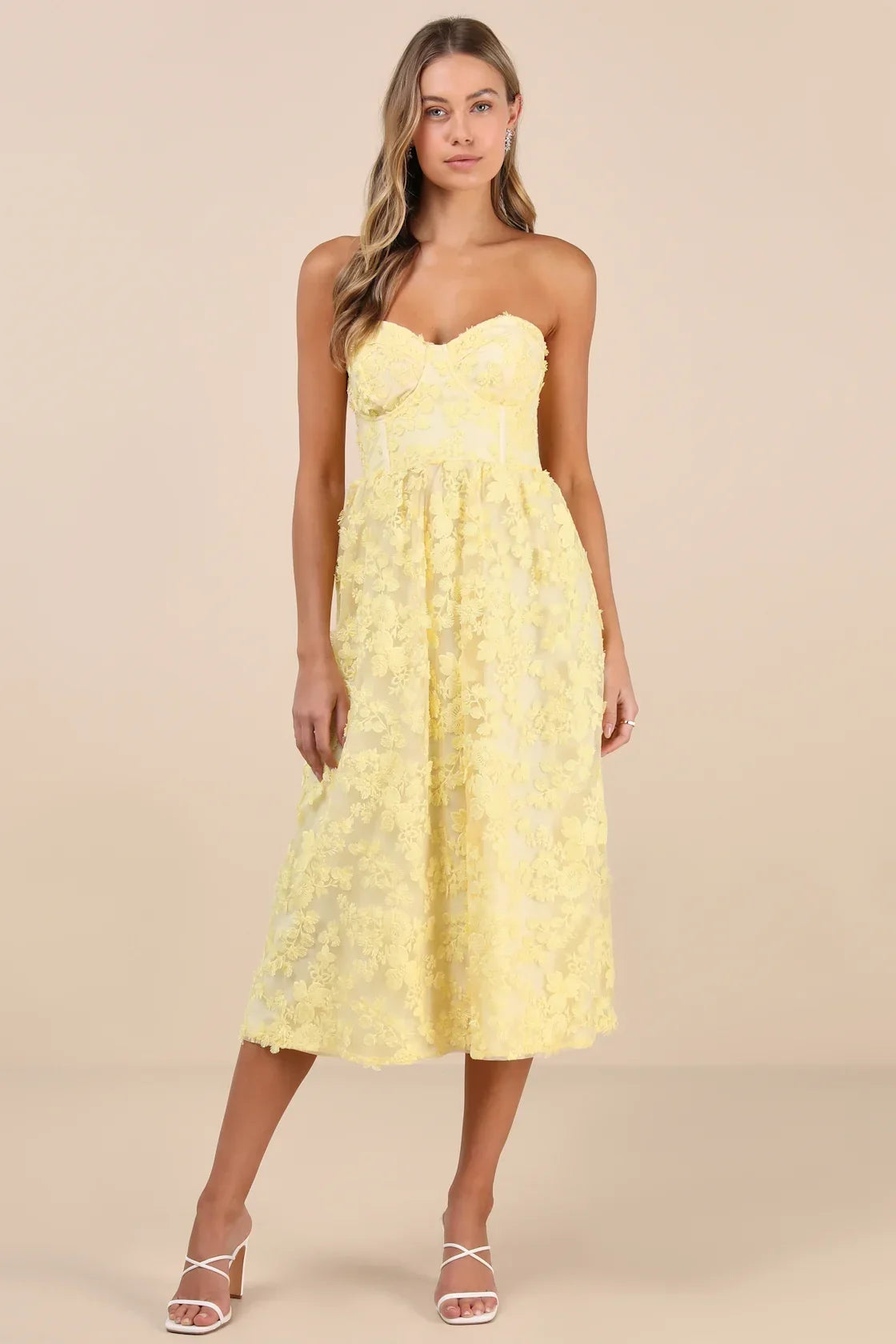 Quite Perfect White Floral Embroidered Strapless Midi Dress