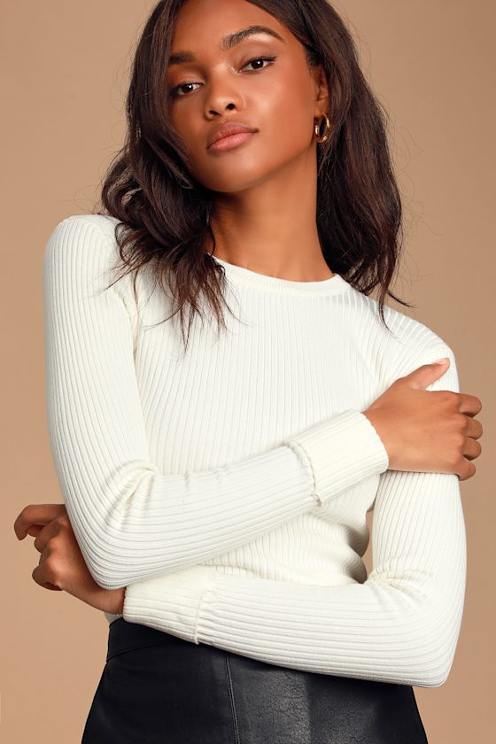 Karlee Ivory Ribbed Knit Long Sleeve Sweater Top