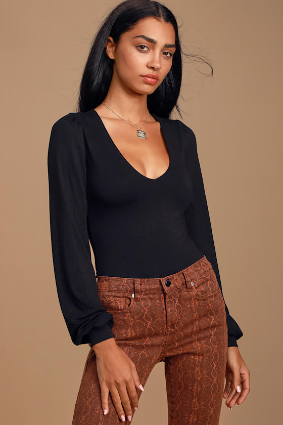 Kaylene Black V-Neck Balloon Sleeve Bodysuit
