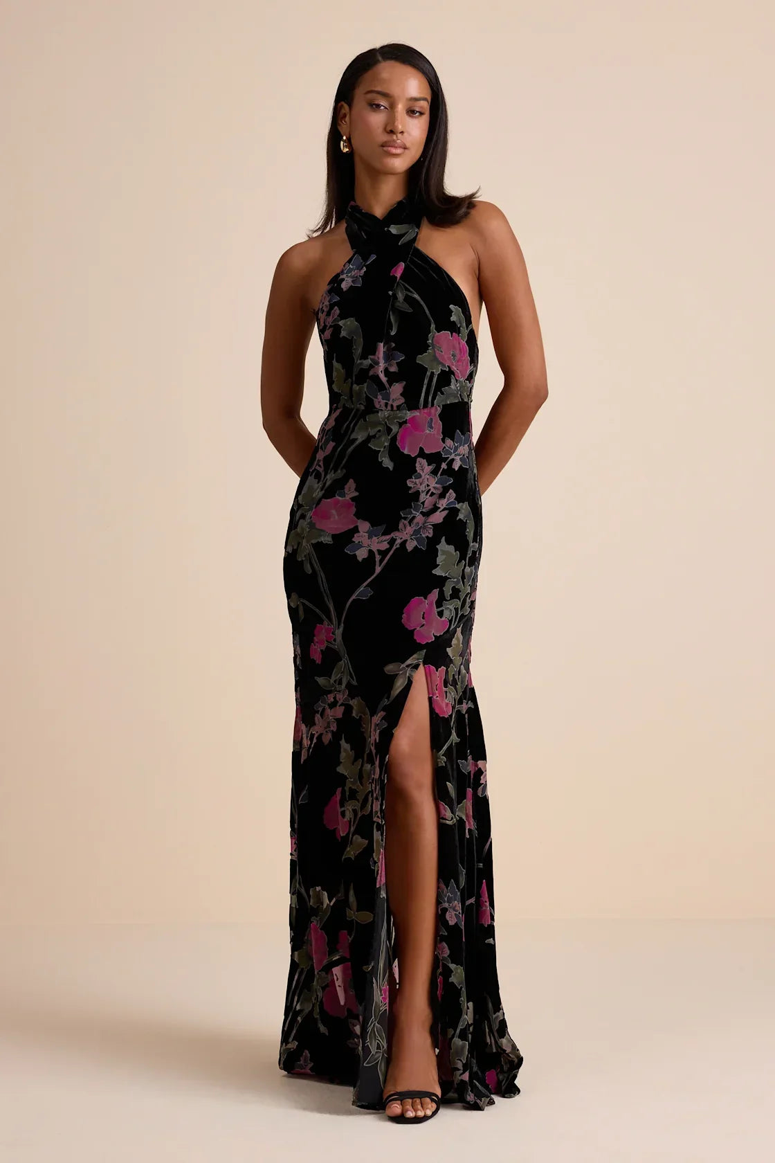 Flawlessly Gorgeous Green Burnout Floral Halter Maxi Dress