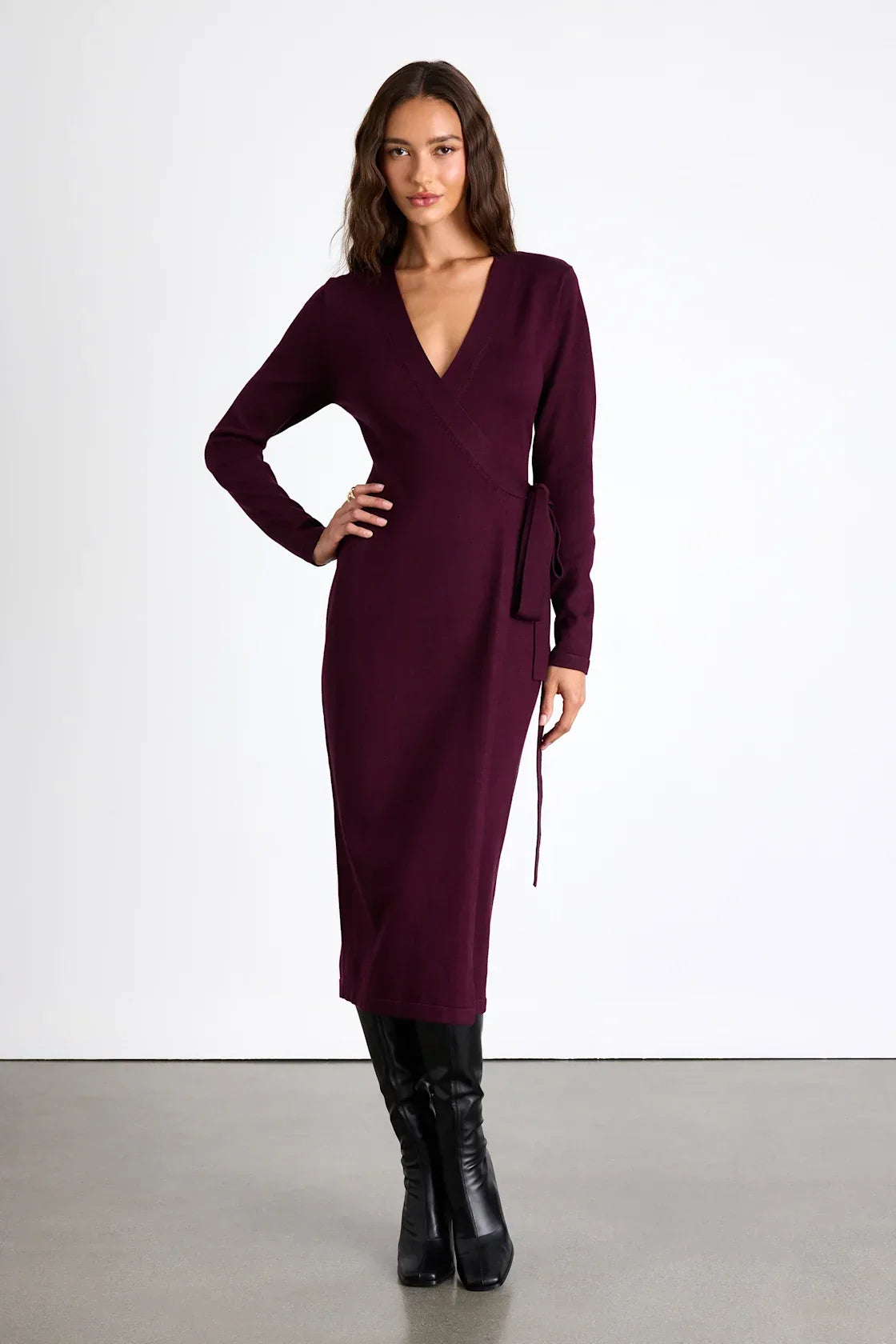 Literary Lover Dark Plum Midi Wrap Sweater Dress