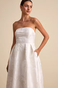 Laurelin White Jacquard Pleated Strapless Maxi Dress