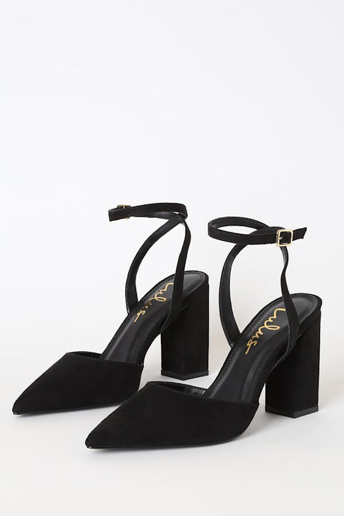 Viki Black Suede Pointed-Toe Ankle Strap Pumps