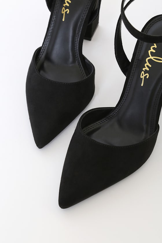 Viki Black Suede Pointed-Toe Ankle Strap Pumps