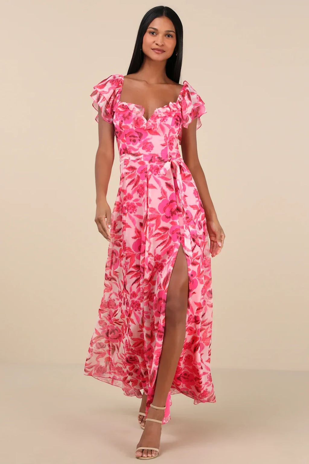 Sensationally Sweeter Bright Pink Floral Ruffled Maxi Dress
