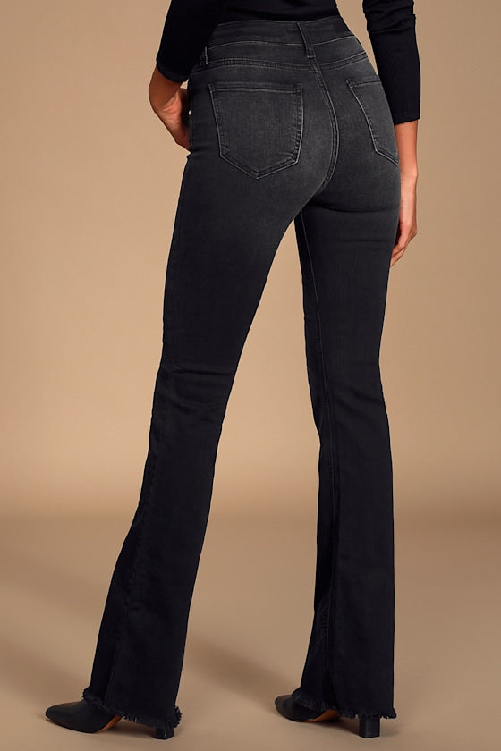 Trina Washed Black Button-Fly Flare Jeans