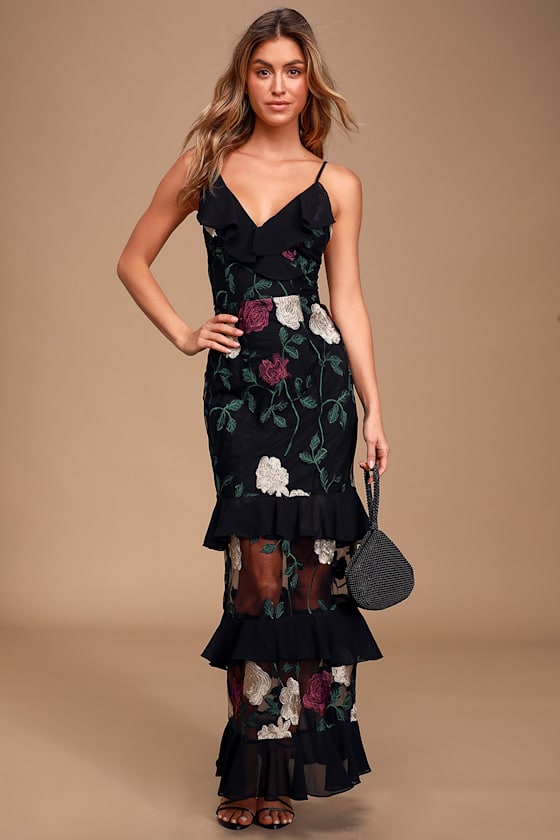 True to Heart Black Floral Embroidered Maxi Dress