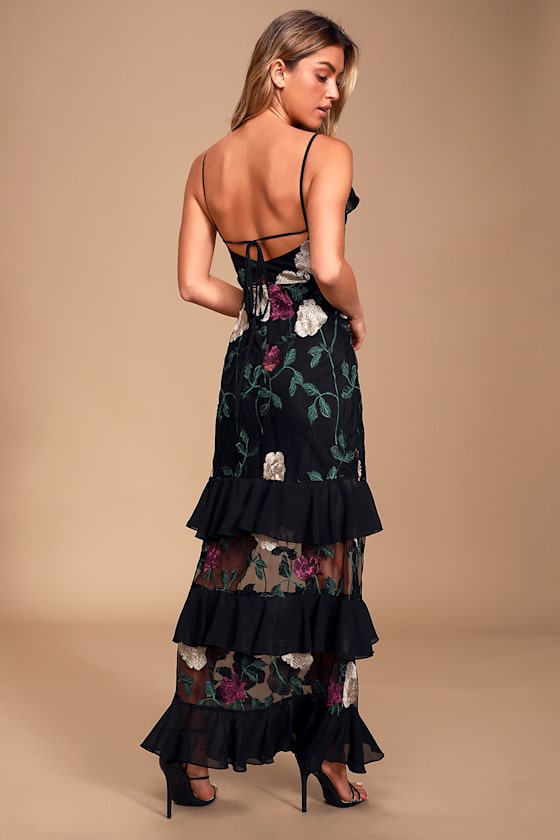 True to Heart Black Floral Embroidered Maxi Dress