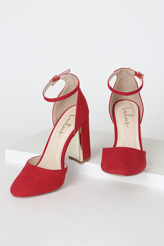 Laura Red Suede Ankle Strap Heels
