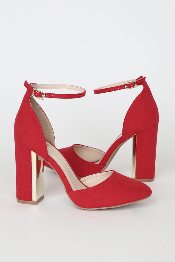 Laura Red Suede Ankle Strap Heels
