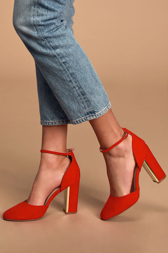 Laura Red Suede Ankle Strap Heels