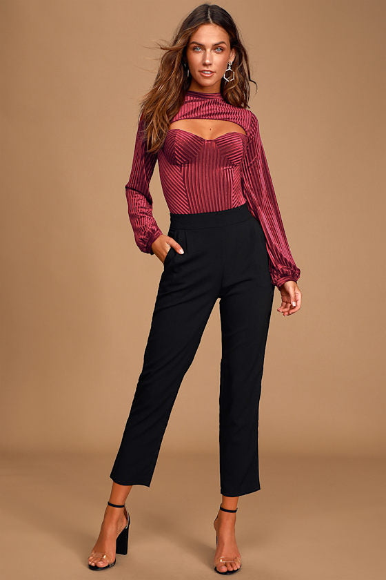 Always Alluring Burgundy Striped Velvet Cutout Bustier Bodysuit