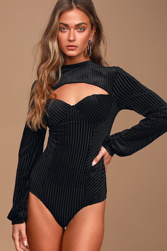 Always Alluring Black Striped Velvet Cutout Bustier Bodysuit
