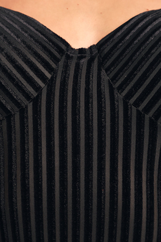 Always Alluring Black Striped Velvet Cutout Bustier Bodysuit