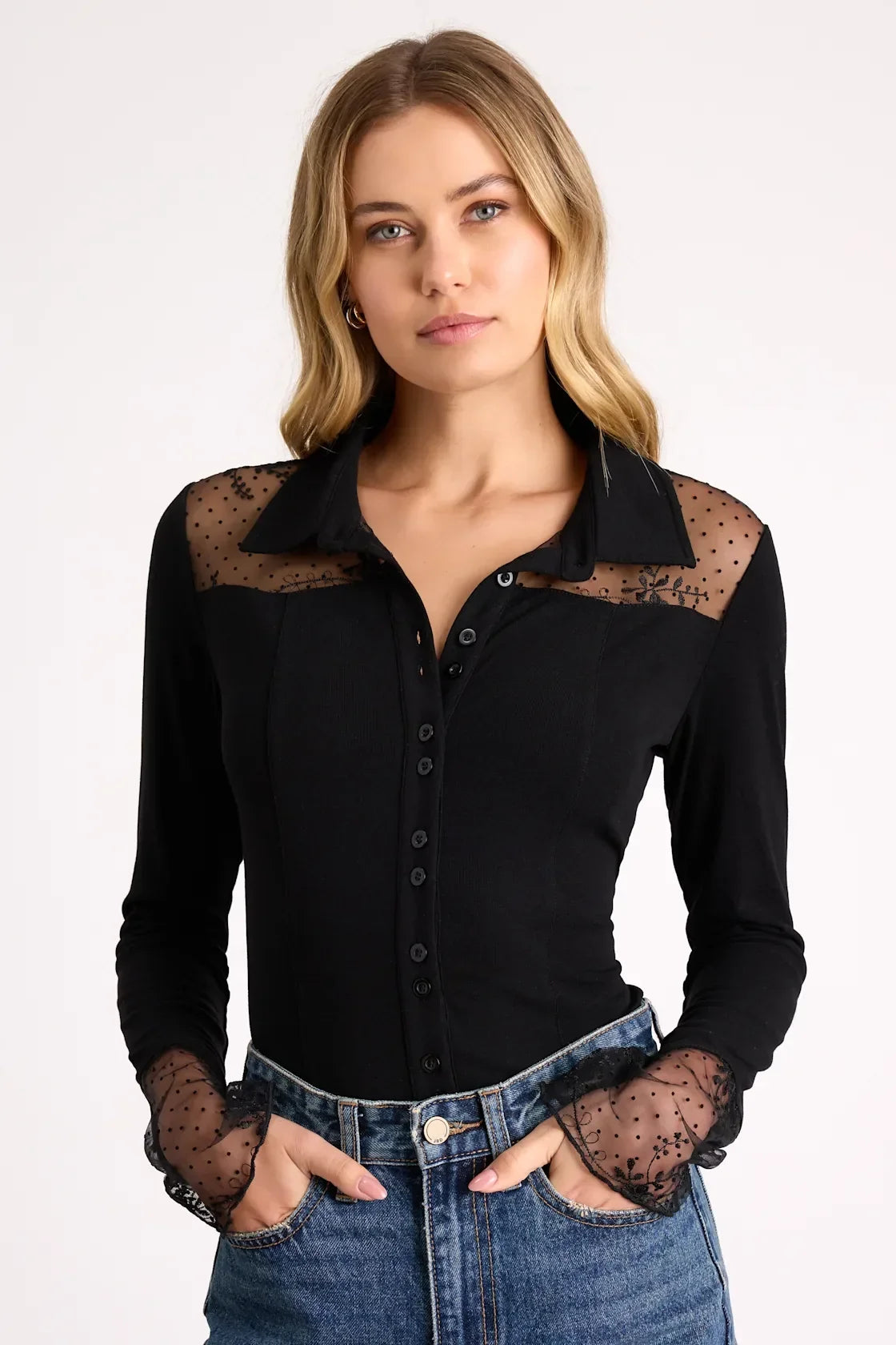 Wynette Ivory Sheer Embroidered Button-Up Top