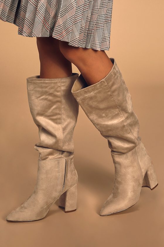 Katari Taupe Suede Pointed-Toe Knee High Boots