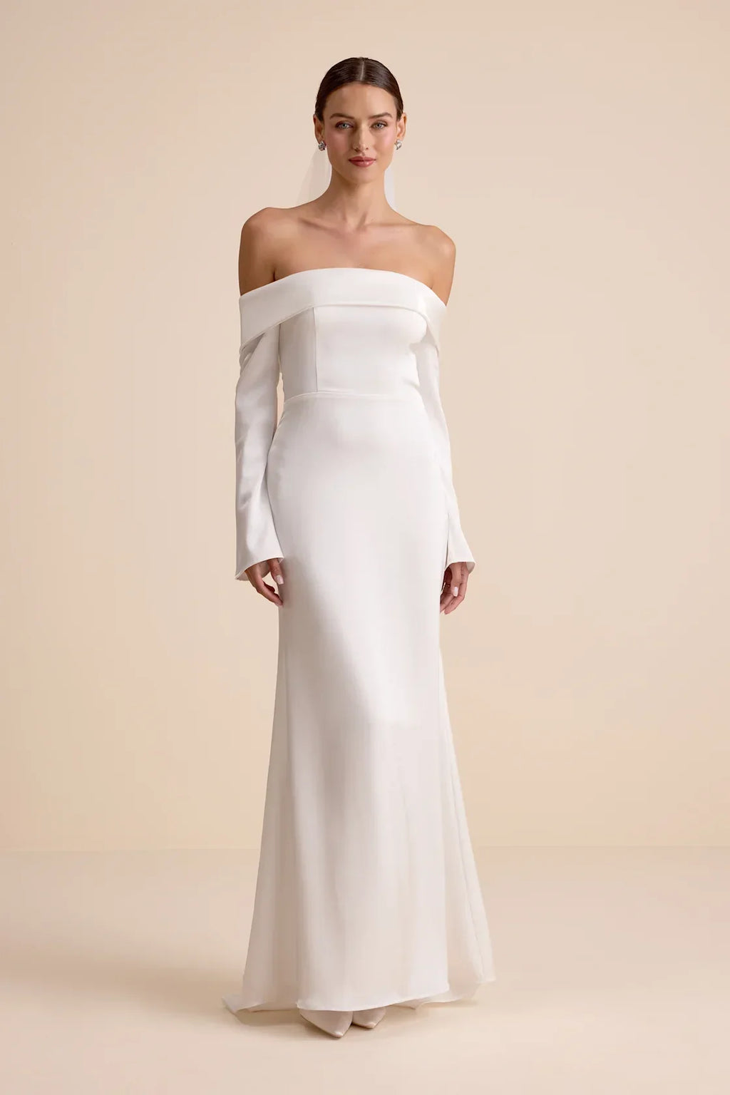 Saintclair White Satin Off-the-Shoulder Long Sleeve Maxi Dress