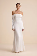 Saintclair White Satin Off-the-Shoulder Long Sleeve Maxi Dress