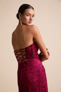Chic Grace Black Velvet Floral Applique Strapless Maxi Dress