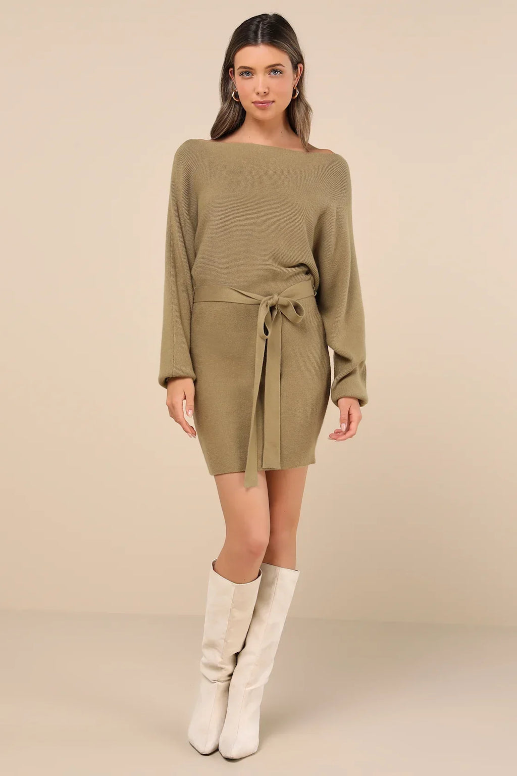 Modern Comfort Olive Green Dolman Sleeve Mini Sweater Dress